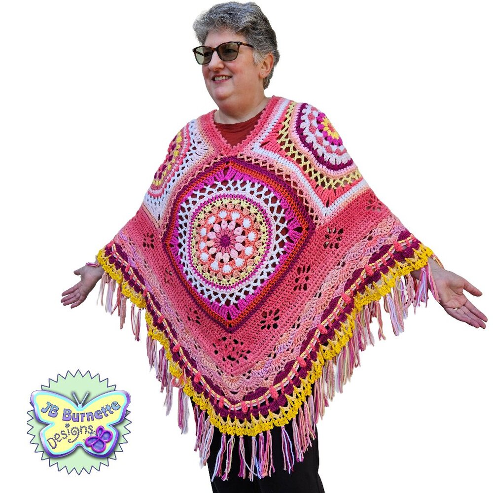 Handmade Crochet Boho Fringed Poncho in Orange, Pink, Yellow